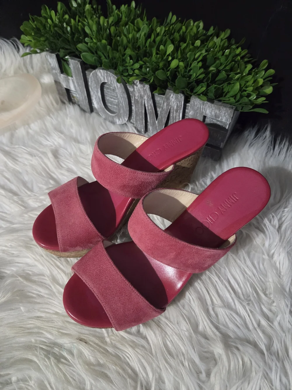 Jimmy Choo Pink Suede Cork Wedge Slide Sandals. Size 7.5, (37.5) women